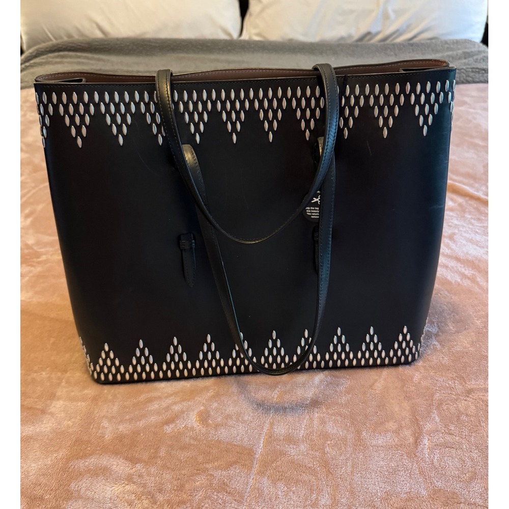 Alaia Paris Black Leather Studded Tote Bag Silver Studs Shopper Mirror - Picture 2 of 16